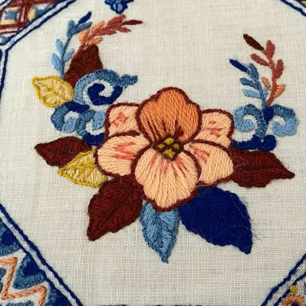 Handmade Throw Pillow 14 x 14 in White Linen Floral Embroidered Geometric